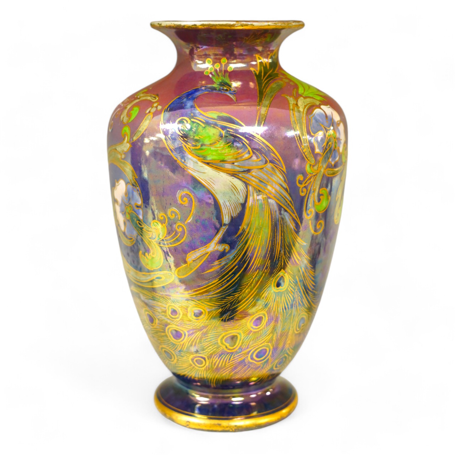 A Shelley Walter Slater pink and blue lustre peacock design vase, signed, 22cm high. Condition - fair to good, some wear to the gilt on the rim